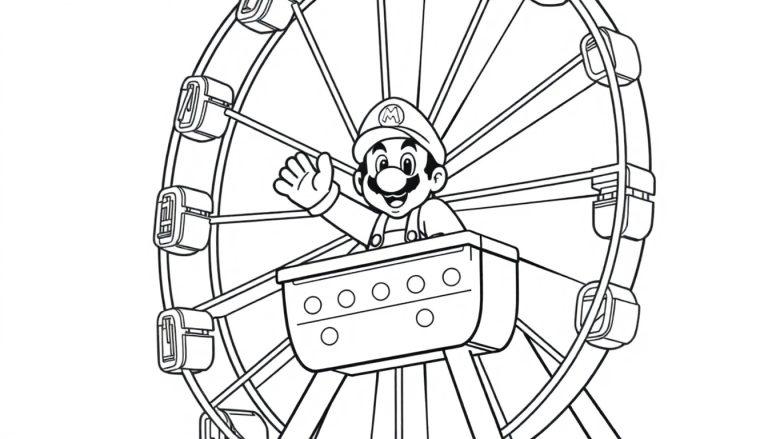 Mario sitzt winkend in einer Gondel eines Riesenrads.