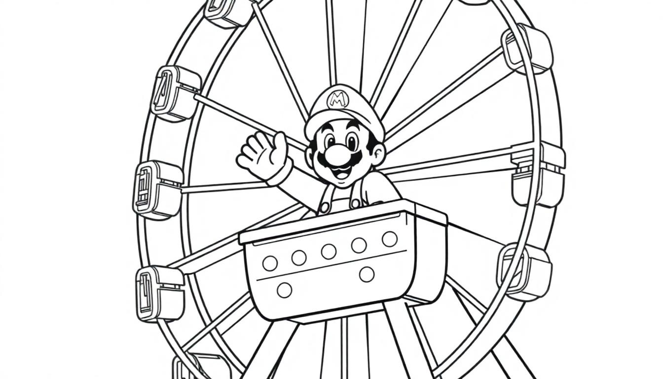 Mario sitzt winkend in einer Gondel eines Riesenrads.