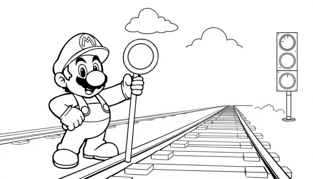 Mario steht auf Bahngleisen und hält ein Stoppschild.