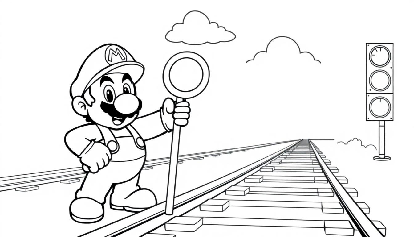 Mario steht auf Bahngleisen und hält ein Stoppschild.
