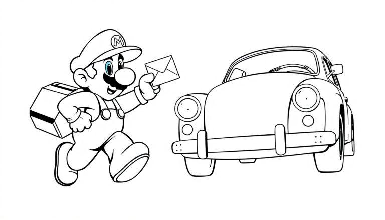 Mario als Postbote mit einem Brief und einer Kiste auf dem Rücken neben einem Oldtimer.