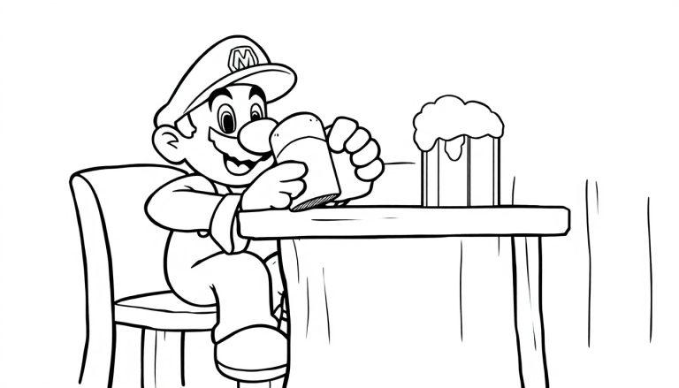 Mario sitzt an einem Tisch und trinkt ein Getränk.