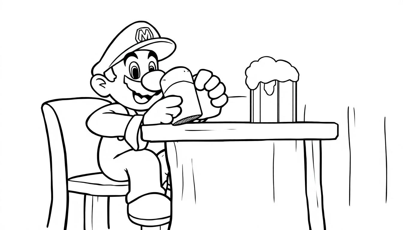Mario sitzt an einem Tisch und trinkt ein Getränk.