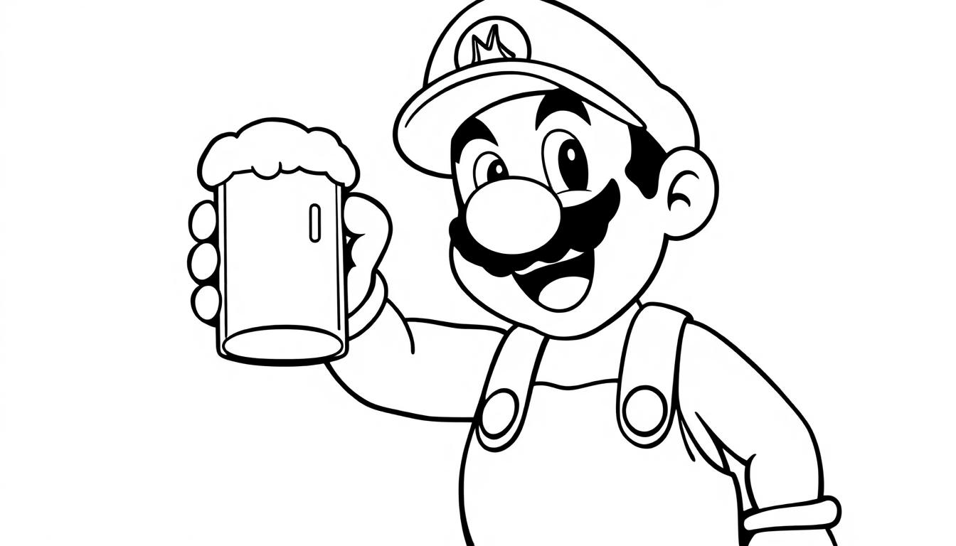 Schwarz-weißer Cartoon von Mario, der ein Bierglas hält.