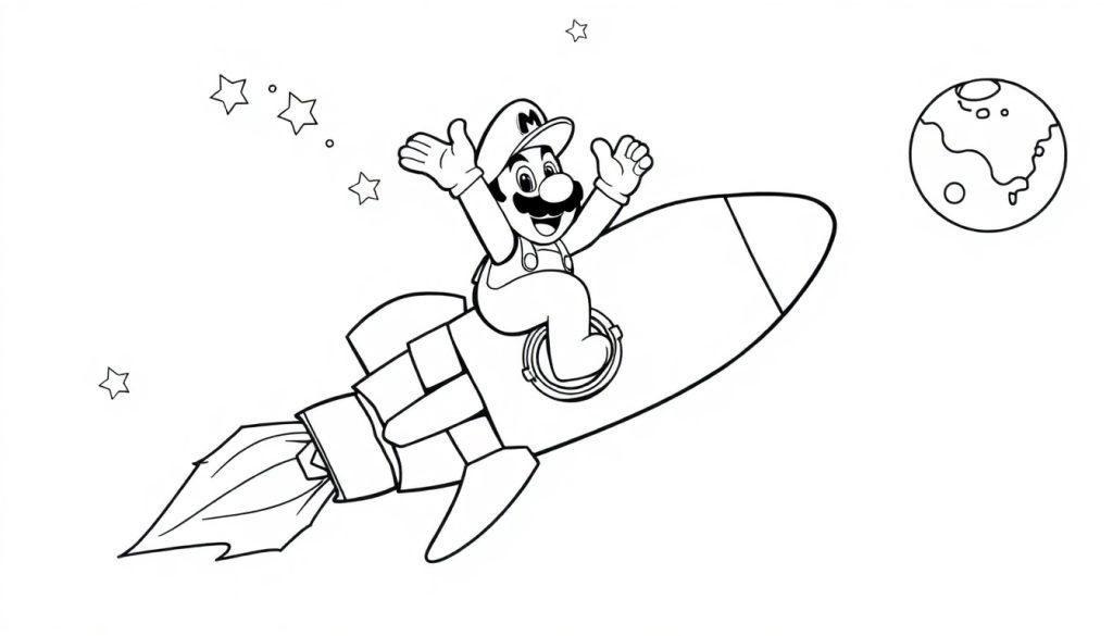 Mario auf einer Rakete im Weltall
