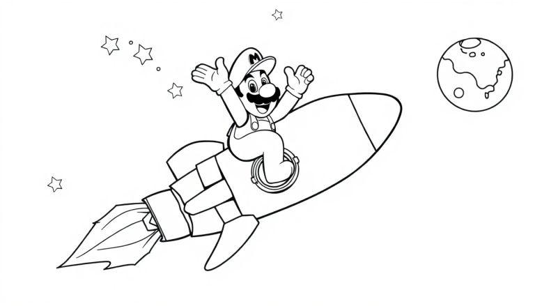 Mario auf einer Rakete im Weltall