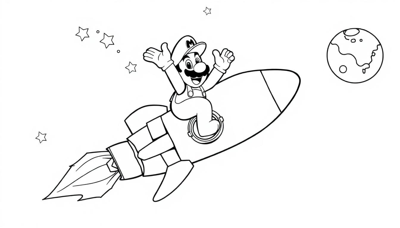 Mario auf einer Rakete im Weltall