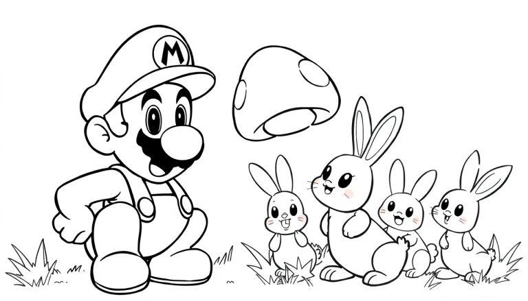 Mario und Kaninchen im Gras mit einem Superpilz