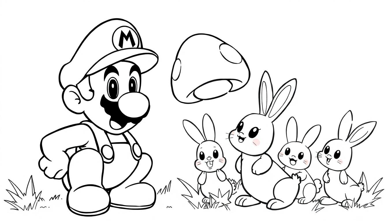 Mario und Kaninchen im Gras mit einem Superpilz