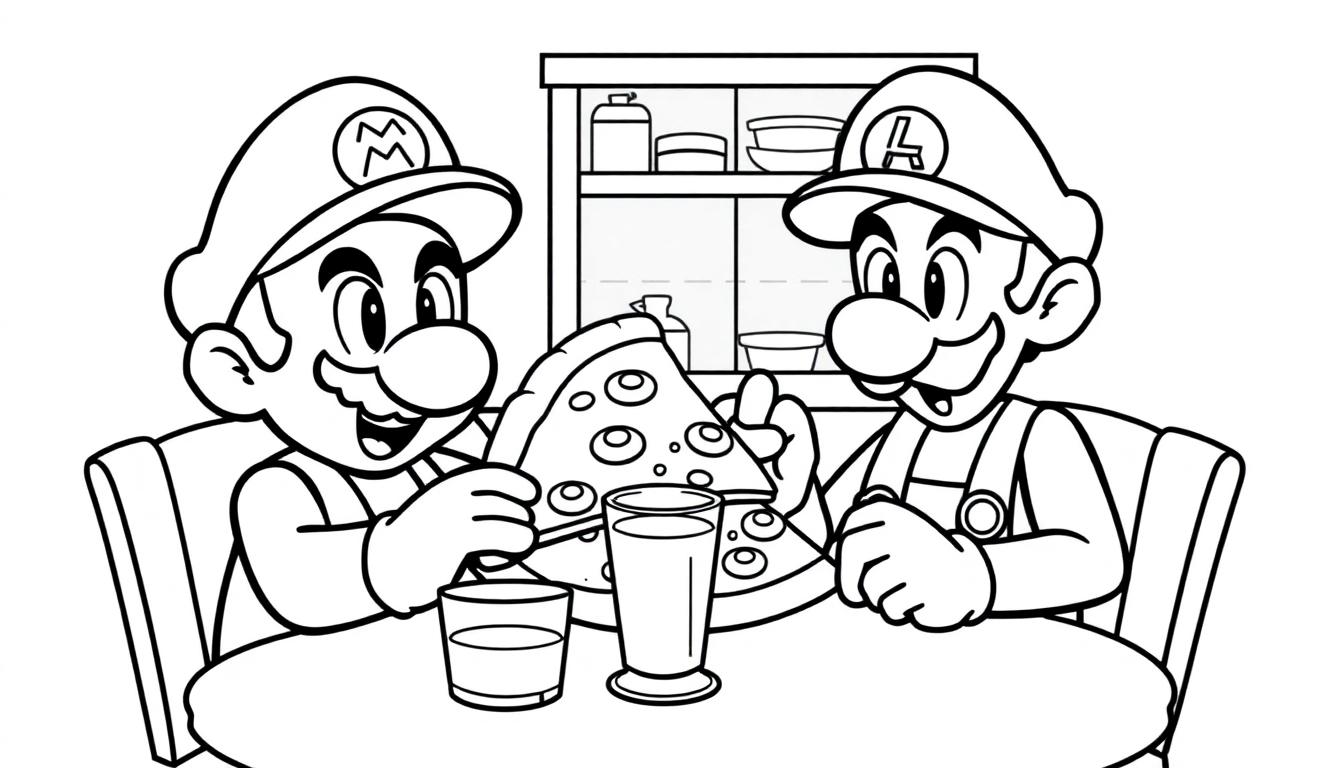 Mario und Luigi essen Pizza bei einem Freund.