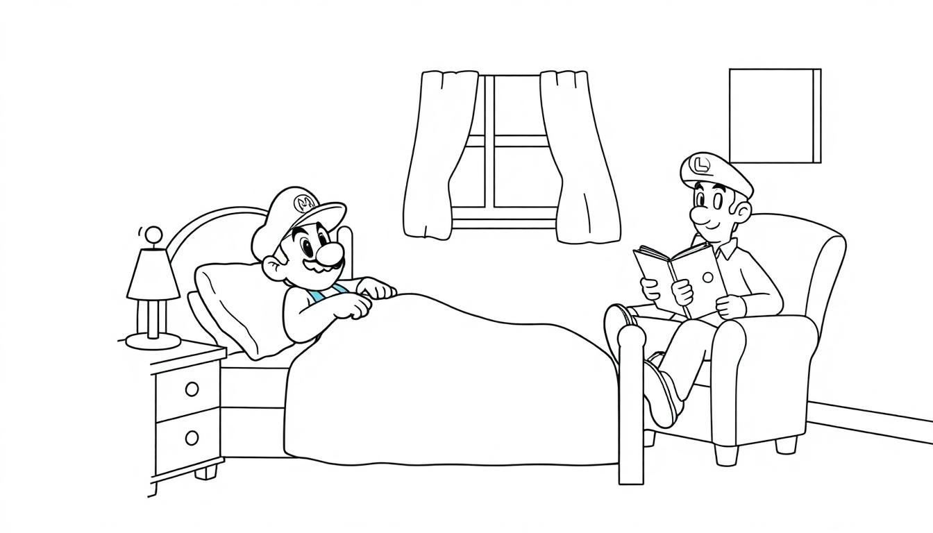 Mario schläft im Bett, während Luigi in einem Sessel ein Buch liest, in einem gemütlichen Schlafzimmer.