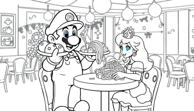 Mario und Prinzessin Peach essen im Restaurant