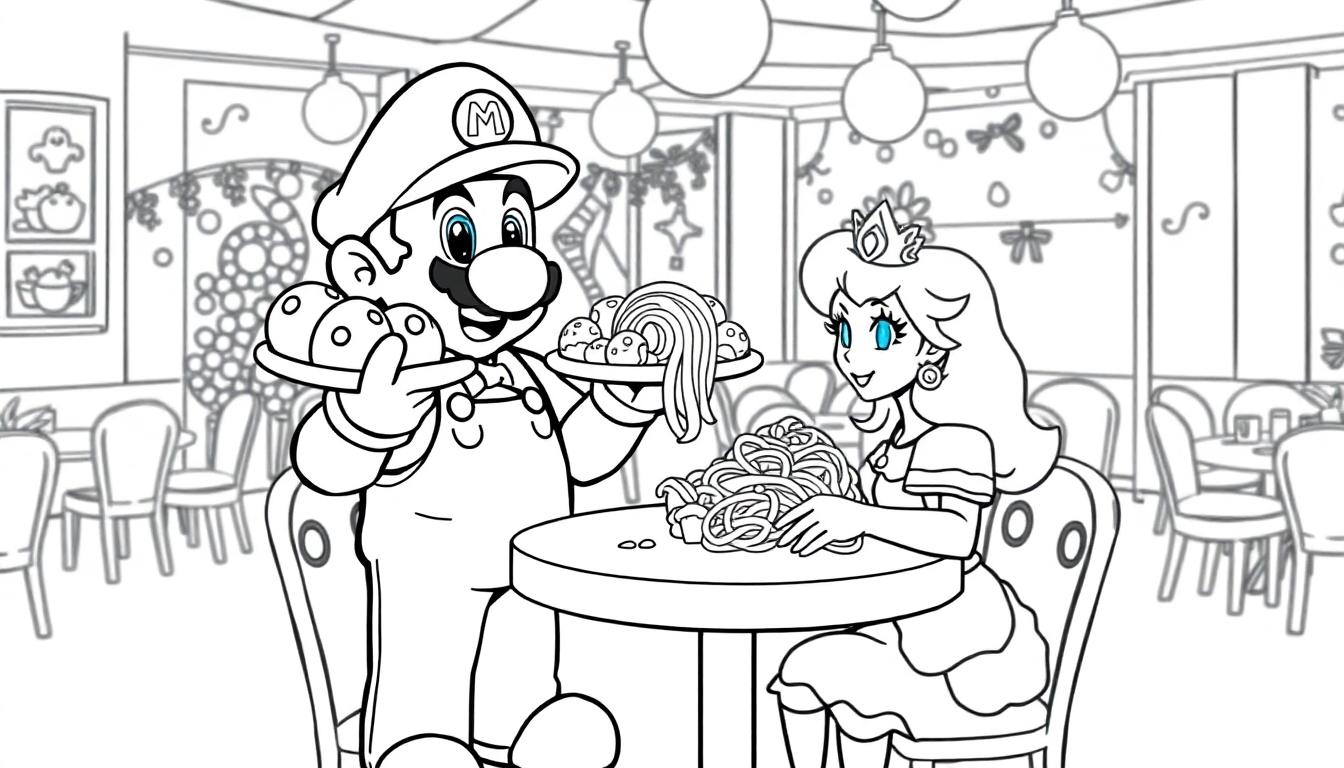 Mario und Prinzessin Peach essen im Restaurant
