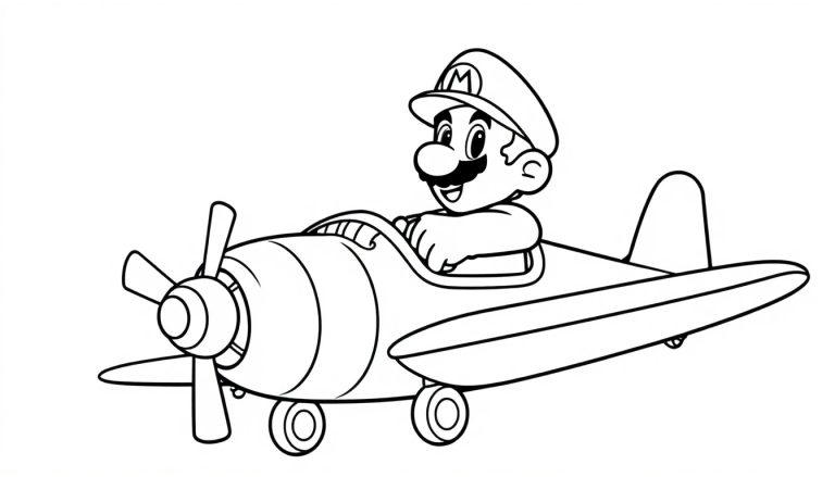 Schwarz-Weiß-Cartoon von Mario, der ein Flugzeug fliegt