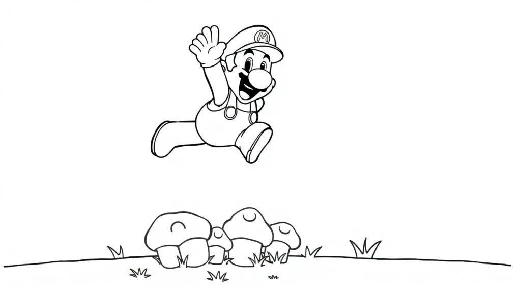 Mario springt über Pilze in dieser Schwarz-Weiß-Farbtafel-Illustration.