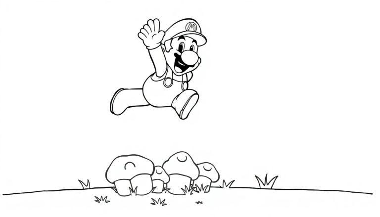 Mario springt über Pilze in dieser Schwarz-Weiß-Farbtafel-Illustration.