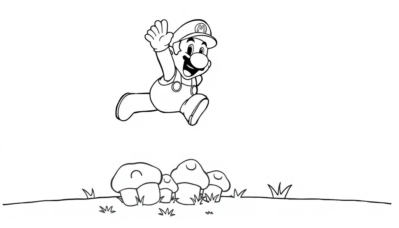Mario springt über Pilze in dieser Schwarz-Weiß-Farbtafel-Illustration.