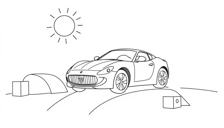 Eine bunte Farbtafel einer Strichzeichnung eines Maserati GranTurismo in hügeliger Landschaft unter einer Sonne.