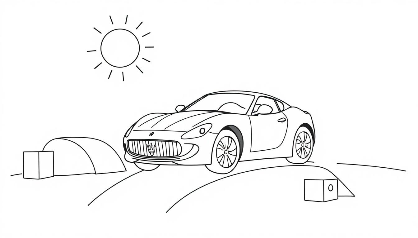 Eine bunte Farbtafel einer Strichzeichnung eines Maserati GranTurismo in hügeliger Landschaft unter einer Sonne.
