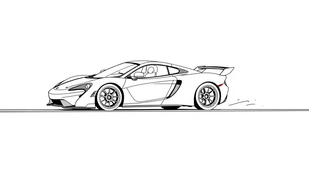 Schwarz-weiß Farbtafel eines stilisierten McLaren Rennwagens im Profil.