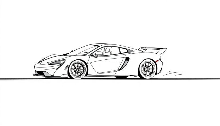 Schwarz-weiß Farbtafel eines stilisierten McLaren Rennwagens im Profil.