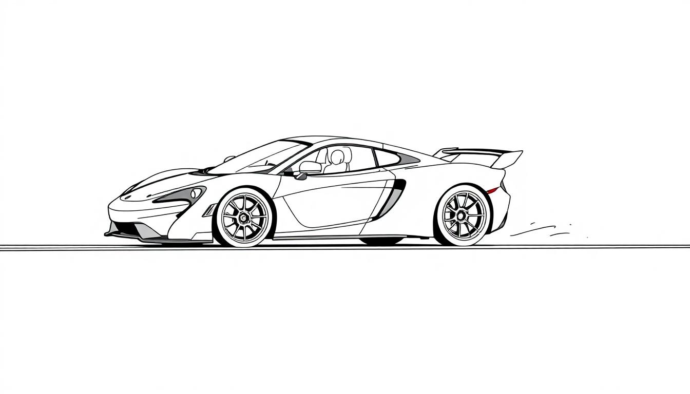 Schwarz-weiß Farbtafel eines stilisierten McLaren Rennwagens im Profil.