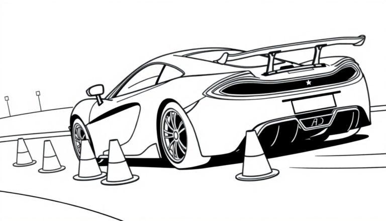 Ein niedlicher McLaren Rennwagen zum Ausmalen, eine Schwarz-Weiß-Zeichnung für eine Farbtafel.