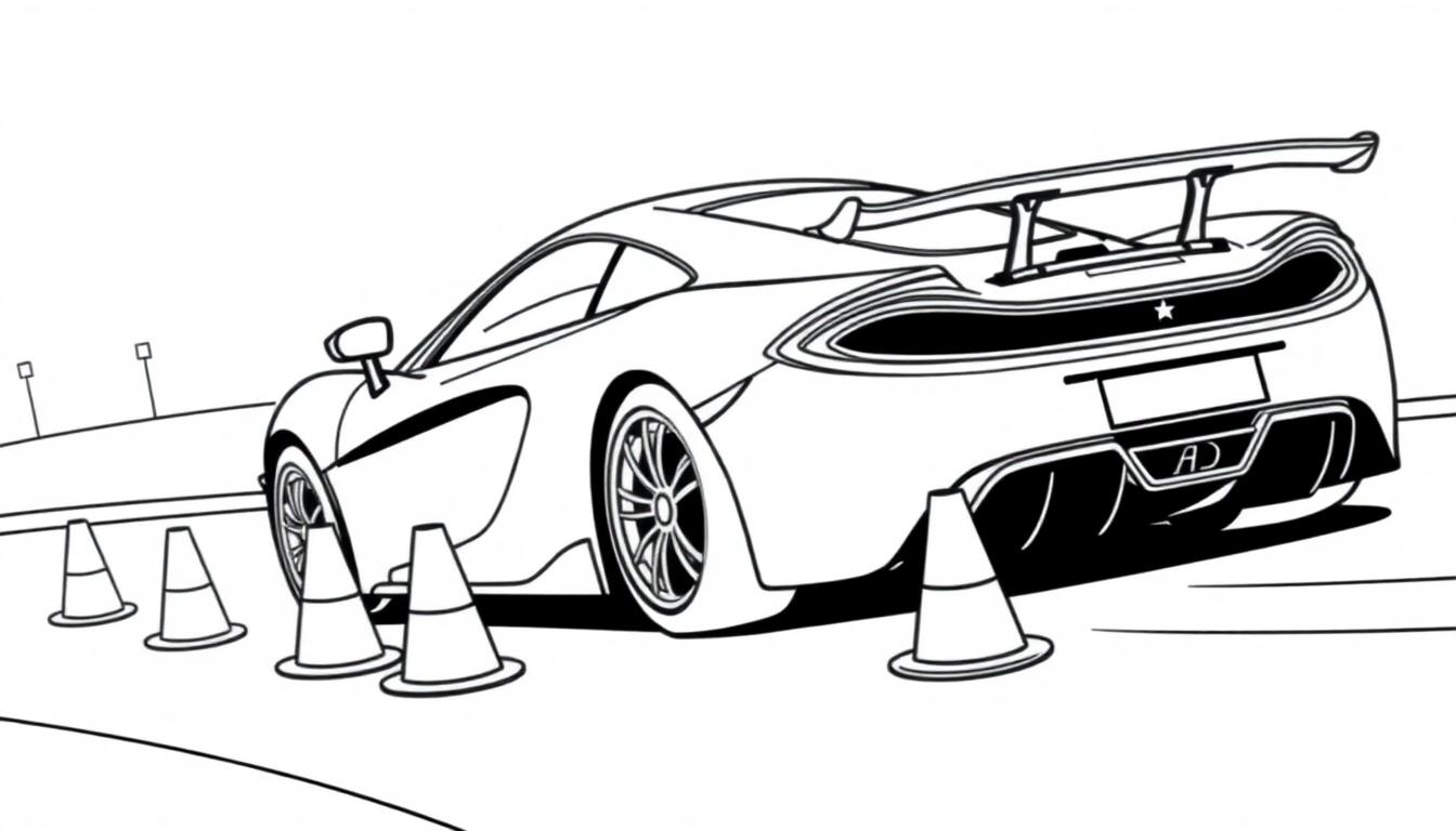 Ein niedlicher McLaren Rennwagen zum Ausmalen, eine Schwarz-Weiß-Zeichnung für eine Farbtafel.