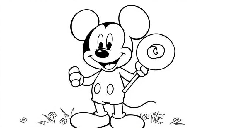 Eine schwarz-weisse Farbtafel-Zeichnung von Mickey Maus, der einen Lolli hält und auf einer Wiese steht.