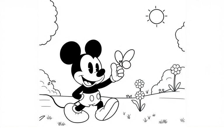 Mickey Maus mit einem Schmetterling auf der Hand als Schwarz-Weiß-Farbtafel.