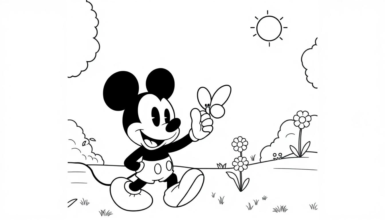 Mickey Maus mit einem Schmetterling auf der Hand als Schwarz-Weiß-Farbtafel.
