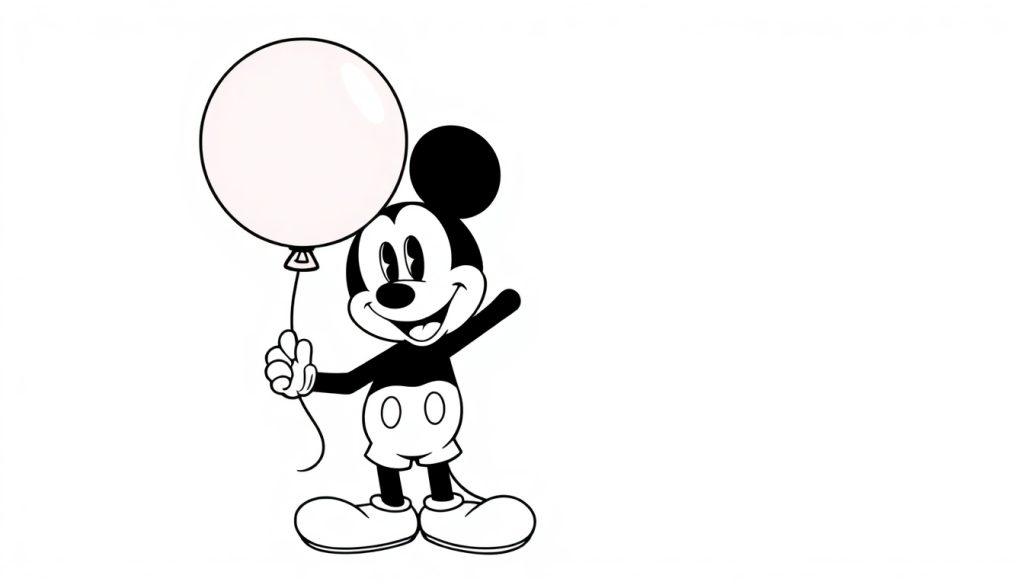 Eine Schwarz-Weiß-Farbtafel von Micky Maus, der einen roten Ballon hält und winkt.