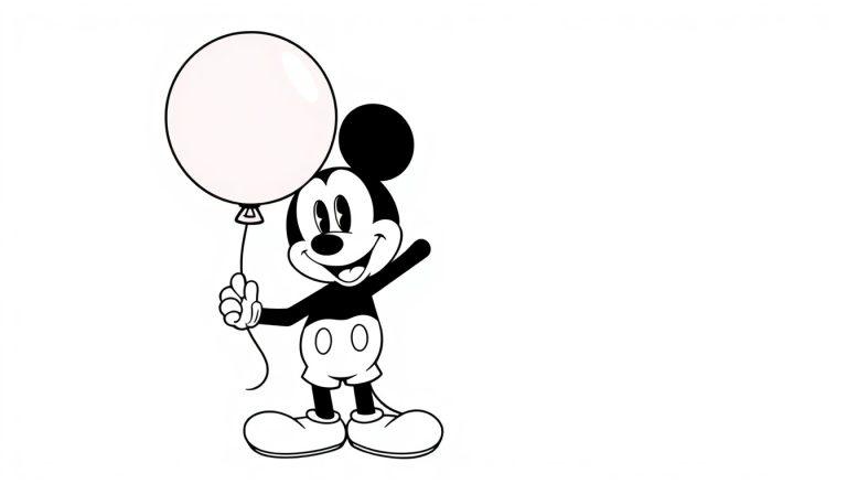 Eine Schwarz-Weiß-Farbtafel von Micky Maus, der einen roten Ballon hält und winkt.