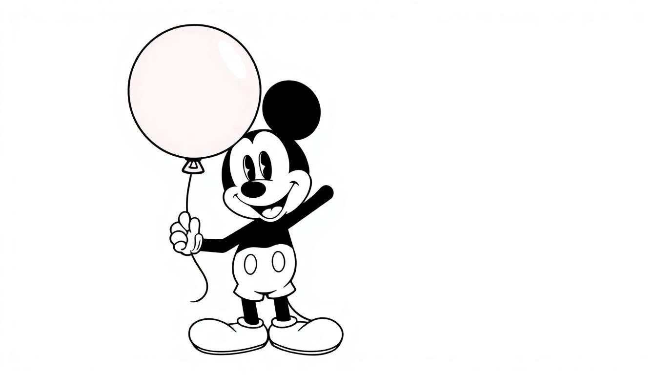 Eine Schwarz-Weiß-Farbtafel von Micky Maus, der einen roten Ballon hält und winkt.