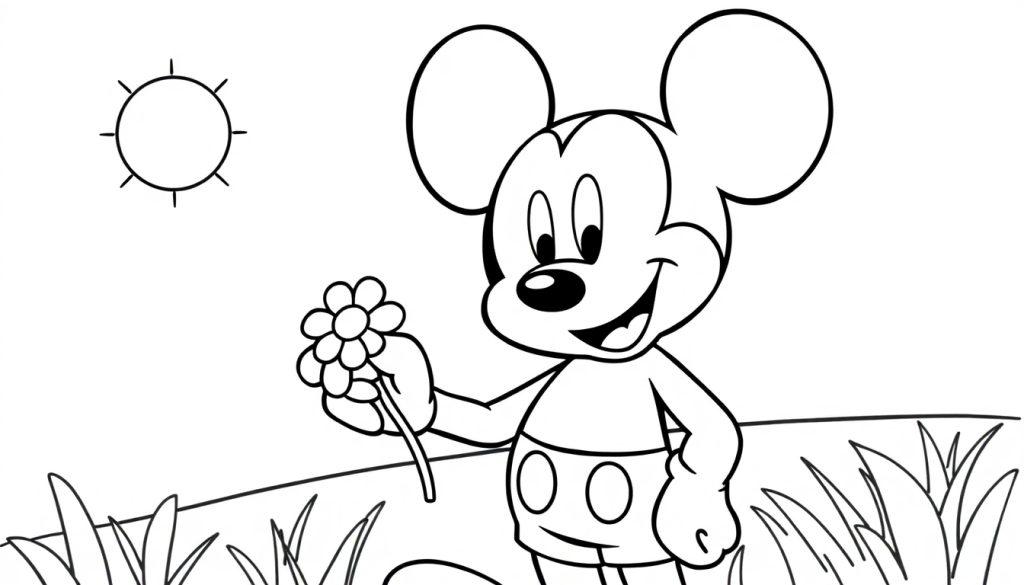 Micky Maus als Farbtafel, lächelnd mit einer Blume und einer Sonne im Hintergrund.