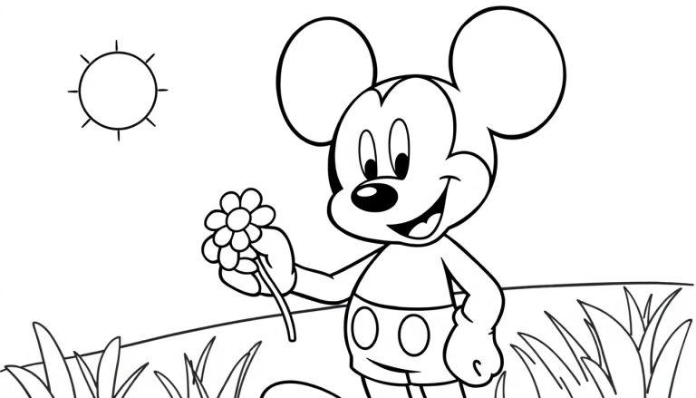 Micky Maus als Farbtafel, lächelnd mit einer Blume und einer Sonne im Hintergrund.
