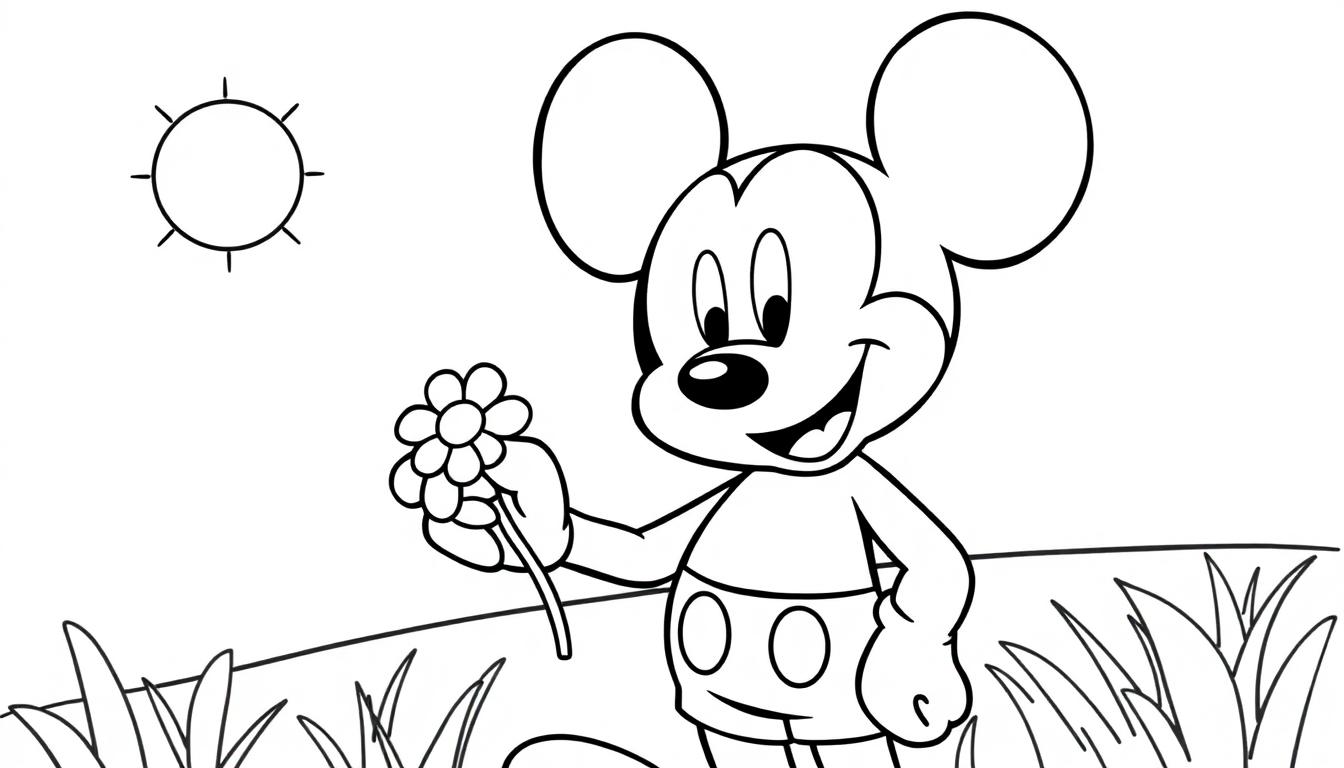 Micky Maus als Farbtafel, lächelnd mit einer Blume und einer Sonne im Hintergrund.