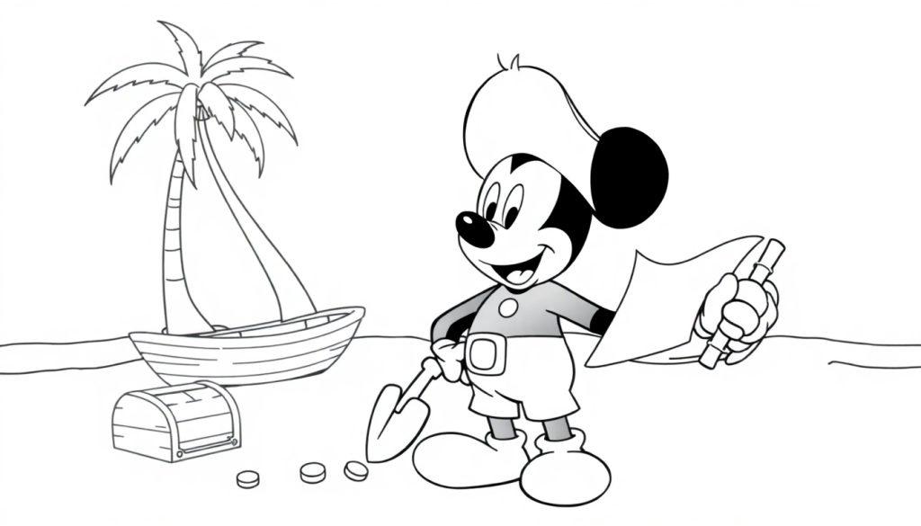 Schwarz-weiße Farbtafel: Micky Maus als Pirat mit Hut, Karte und Schaufel auf einsamer Insel, lachend.