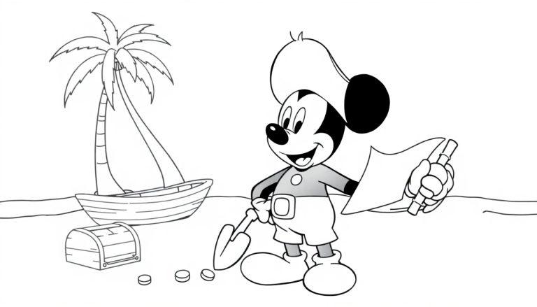 Schwarz-weiße Farbtafel: Micky Maus als Pirat mit Hut, Karte und Schaufel auf einsamer Insel, lachend.