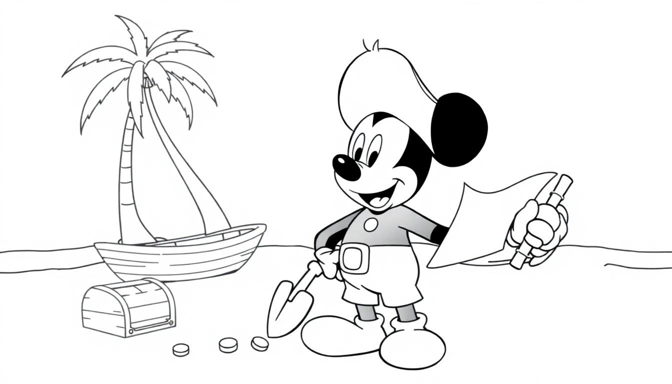 Schwarz-weiße Farbtafel: Micky Maus als Pirat mit Hut, Karte und Schaufel auf einsamer Insel, lachend.