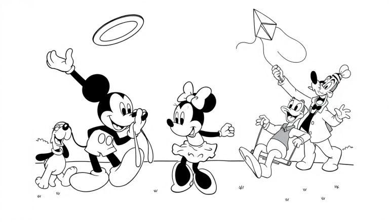Eine Schwarz-Weiß-Farbtafel von Micky Maus und Freunden, die im Park spielen.