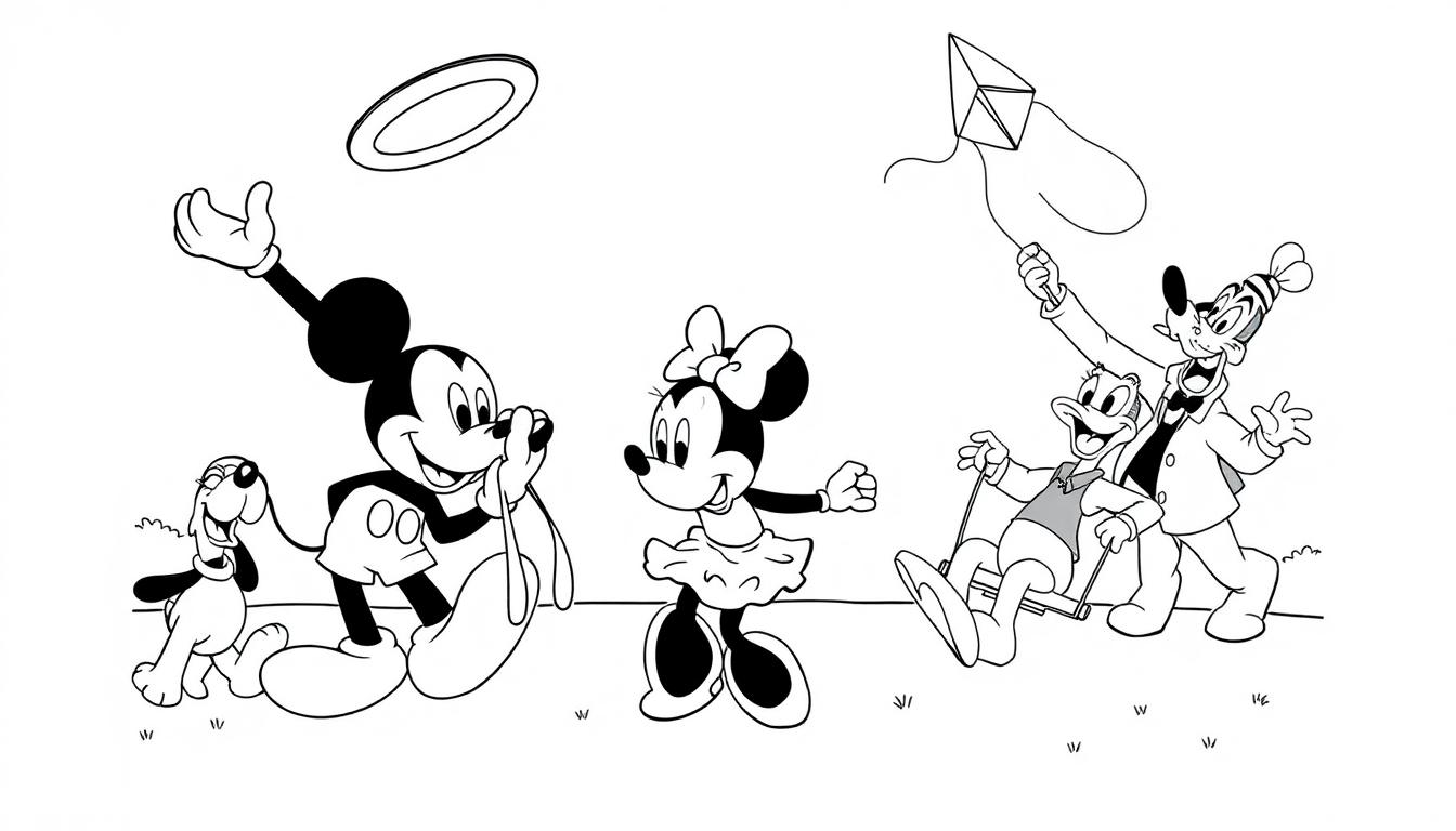 Eine Schwarz-Weiß-Farbtafel von Micky Maus und Freunden, die im Park spielen.