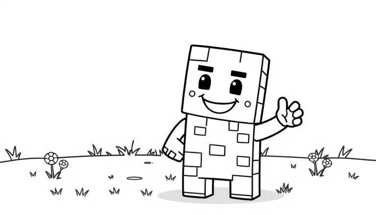 Schwarz-Weiß-Farbtafel eines freundlichen Minecraft-Creepers, der auf einer grünen Wiese steht.