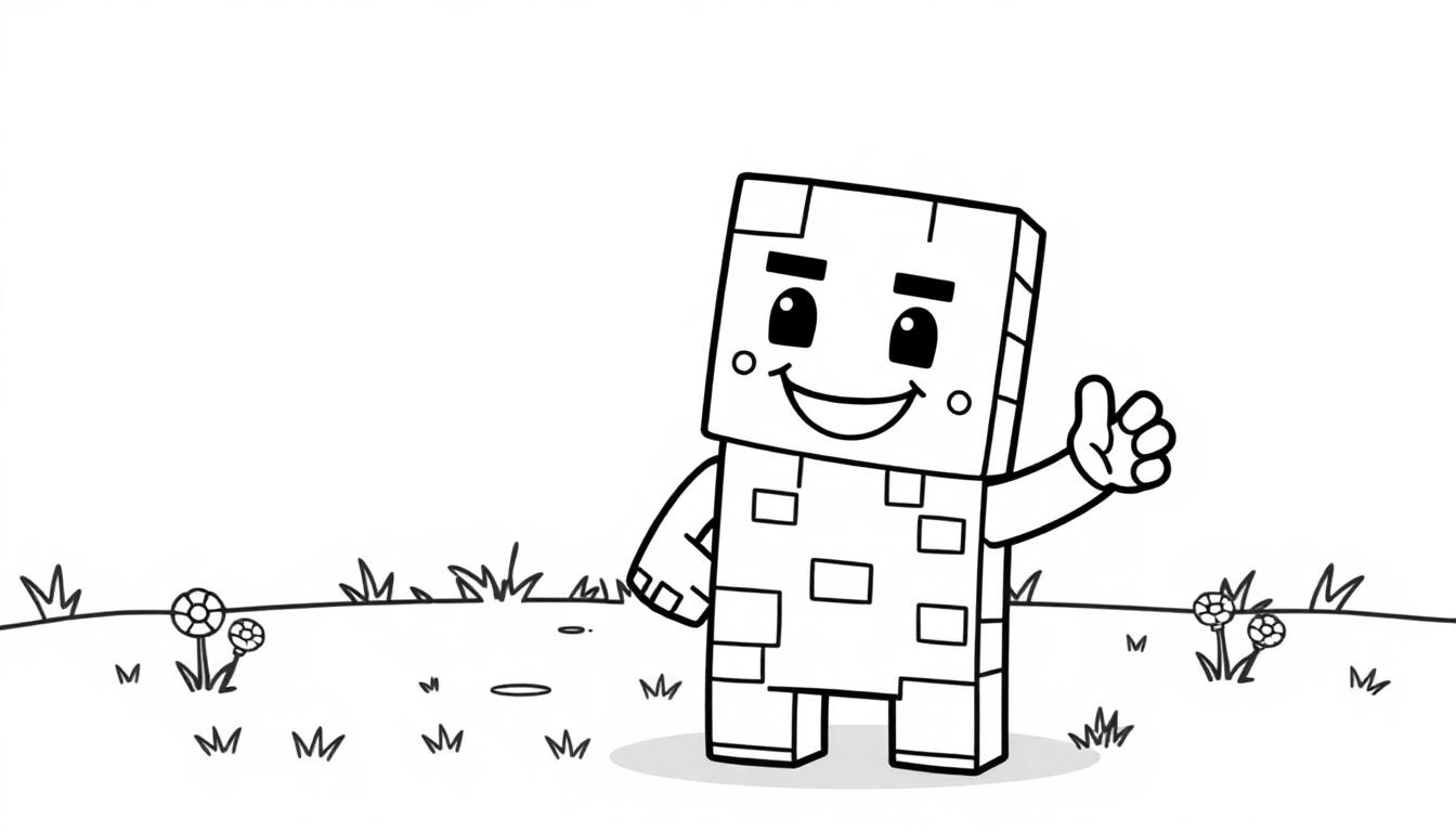 Schwarz-Weiß-Farbtafel eines freundlichen Minecraft-Creepers, der auf einer grünen Wiese steht.