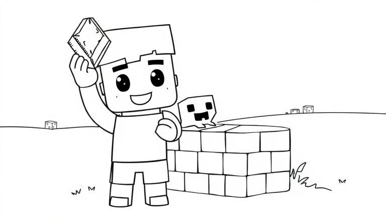 Schwarz-Weiß-Farbtafel eines lächelnden Cartoon-Jungen, der mit einem Block spielt.