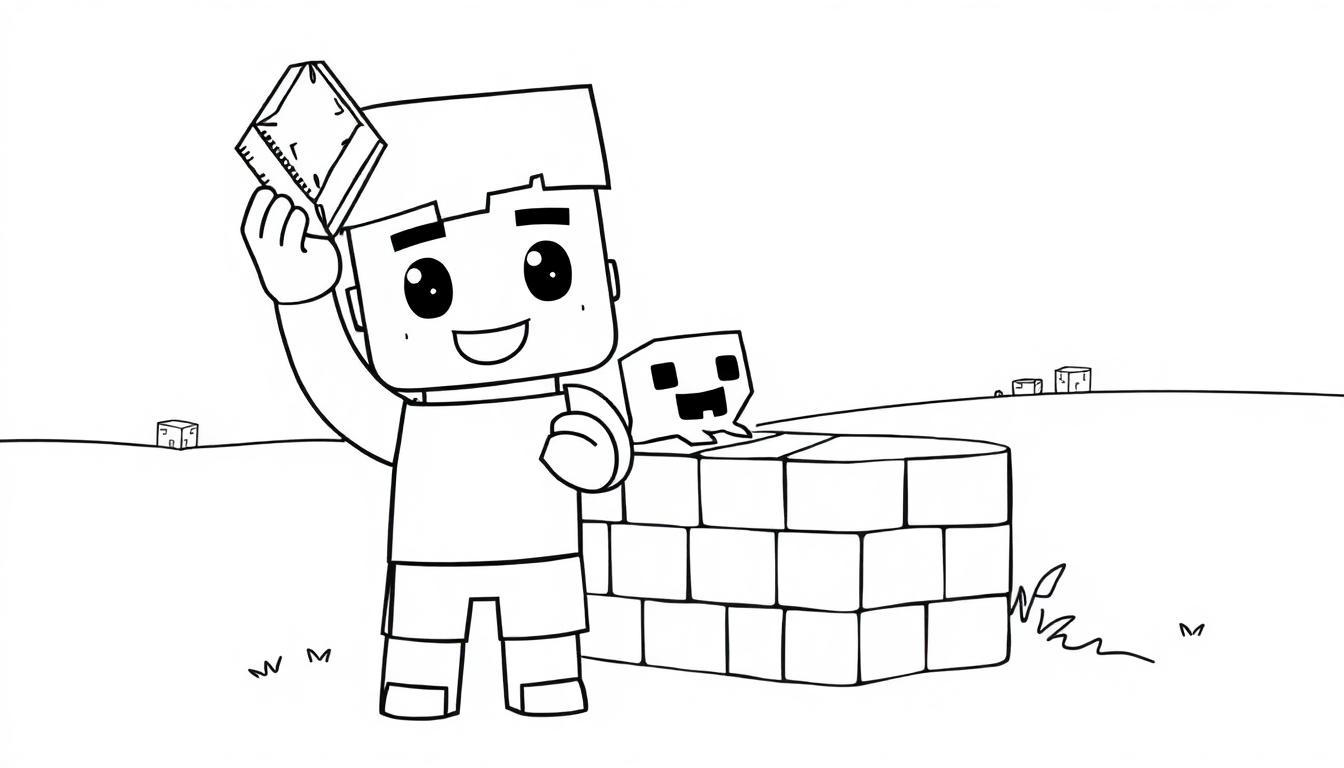Schwarz-Weiß-Farbtafel eines lächelnden Cartoon-Jungen, der mit einem Block spielt.