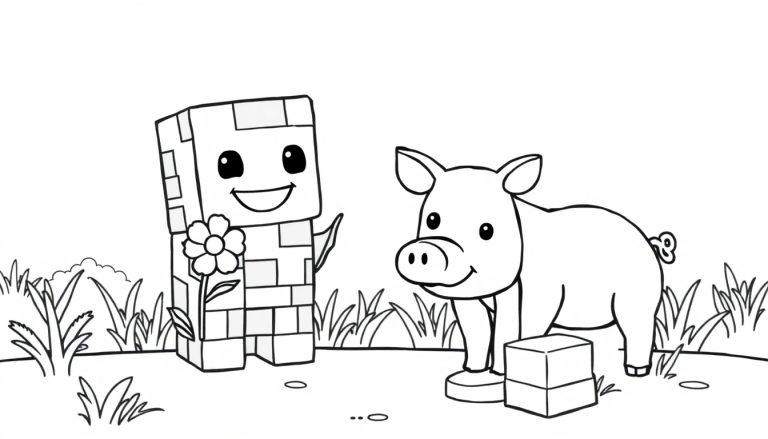 Schwarz-Weiß-Farbtafel eines Minecraft-ähnlichen Blocks und eines Schweins auf Gras.