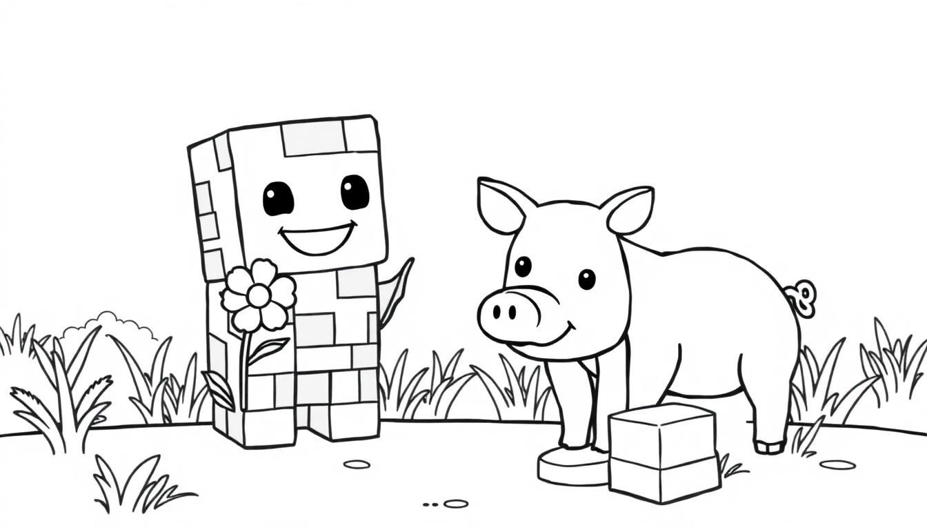 Schwarz-Weiß-Farbtafel eines Minecraft-ähnlichen Blocks und eines Schweins auf Gras.