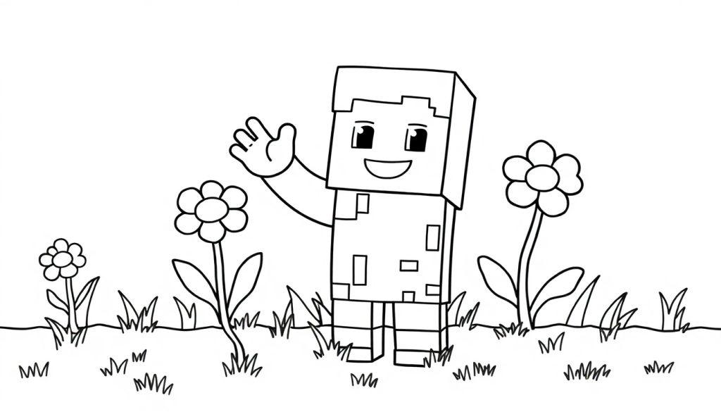Minecraft-Charakter-Farbtafel, winkend inmitten von Blumen.