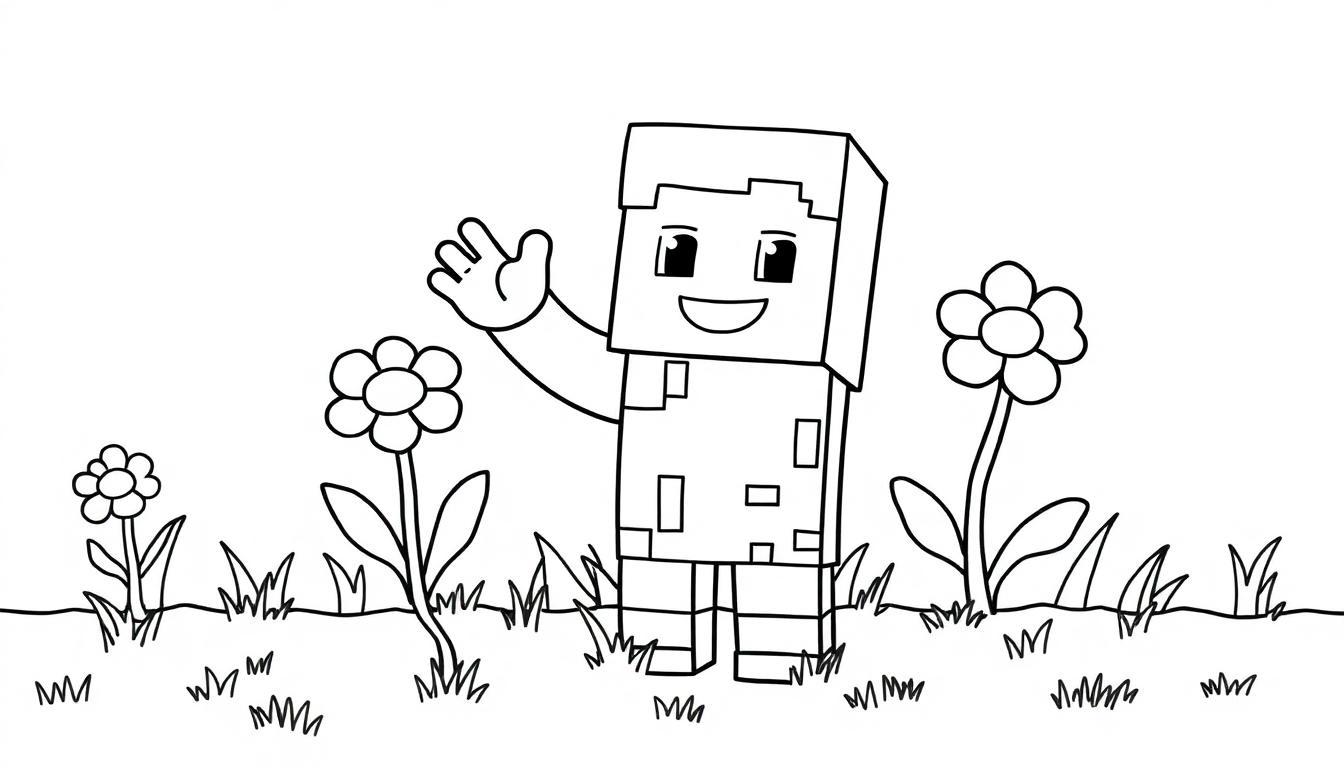 Minecraft-Charakter-Farbtafel, winkend inmitten von Blumen.